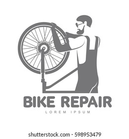 Bicycle repair workshop vector logo template for your design. Bike repair badges, labels, banners, advertisements, brochures, business templates. Vector illustration isolated on white background