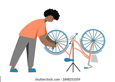 Bicycle repairing service poster. Man fixing bike with tools illustration. Logo for mechanics services with a person and a broken bike. Mechanic repairing a bicycle drawing. 