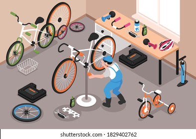 Bicycle repairs garage with man fixing bike treadle 3d isometric vector illustration