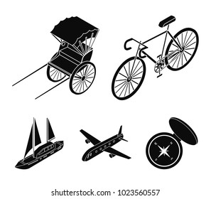 Bicycle, rickshaw, plane, yacht.Transport set collection icons in black style vector symbol stock illustration web.
