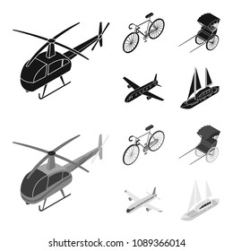 Bicycle, rickshaw, plane, yacht.Transport set collection icons in black,monochrom style vector symbol stock illustration web.