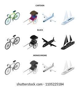 Bicycle, rickshaw, plane, yacht.Transport set collection icons in cartoon,black,monochrome style vector symbol stock illustration web.