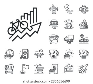 Bicycle ride chart sign. Plane, supply chain and place location outline icons. Training results line icon. Cyclist statistics symbol. Training results line sign. Vector