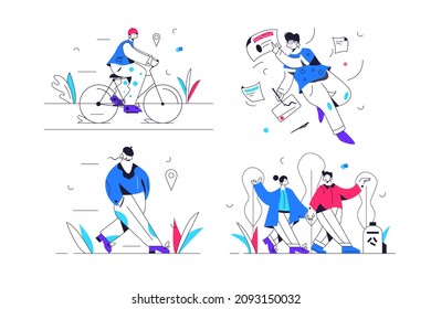Bicycle ride, sign paper, walk alone, lovers couple set vector illustration. Walk in park, outdoors activity linear style. Spare time concept