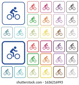 Bicycle with rider color flat icons in rounded square frames. Thin and thick versions included.