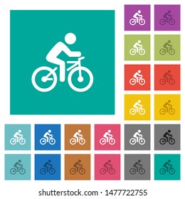 Bicycle with rider multi colored flat icons on plain square backgrounds. Included white and darker icon variations for hover or active effects.