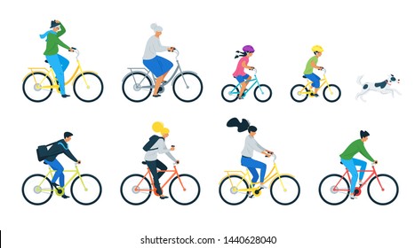 Bicycle Riders Flat Vector Illustrations Set. Cyclist Man, Woman, Children, Elderly People And Running Dog Cartoon Characters. Outdoor Activity, People Riding Bike Isolated Design Elements