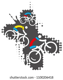 Bicycle riders, mountain bike extreme sports. 
Illustration of three cyclists ikons on grunge background. In the x-shaped background. Vector available.