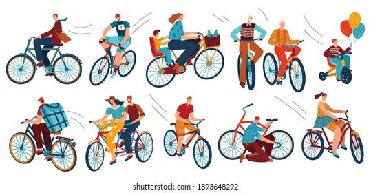 Bicycle Riders On Bikes, Sport, Isolated Vector Illustrations. Cyclist Man, Woman, Children, Hipster, Older, Racing Cyclist On Bike And Tandem. Cycle Transportation. Biking Fun, Exercise, Bike Travel.