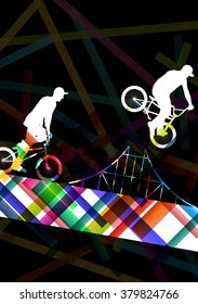 Bicycle riders sport young and active boy silhouettes in abstract skate park ramp background illustration vector