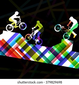 Bicycle riders sport young and active boy silhouettes in abstract skate park ramp background illustration vector