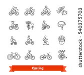 Bicycle riders thin line art icons set. Different types of bikes, cycling accessories, spare parts. Linear style symbols isolated on white.