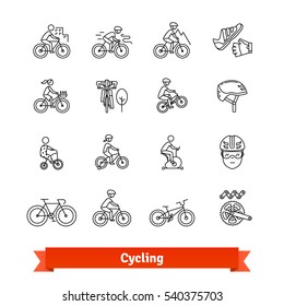 Bicycle riders thin line art icons set. Different types of bikes, cycling accessories, spare parts. Linear style symbols isolated on white.