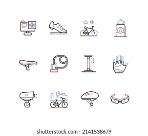 Bicycle rides and cyclists - line design style icons with editable stroke. Protective gloves, helmet, goggles and other suit details. Klaxon, action camera, pump, anti-theft system. Active holiday