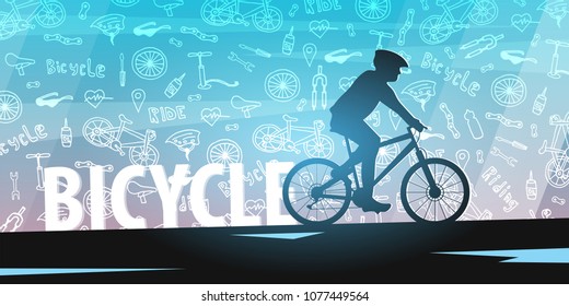 Bicycle riding banner with doodle background. Sport, active lifestyle. Vector illustration