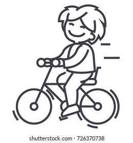 bicycle, riding boy vector line icon, sign, illustration on background, editable strokes