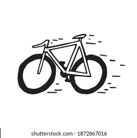 Bicycle riding fast trough the white background, hand drawn outline illustration. Bike symbol pen drawing, original cartoonish design. Cycle sport competition logo. Healthy vehicle with two wheel.