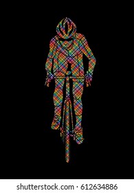 Bicycle riding front view designed using colorful pixels graphic vector.