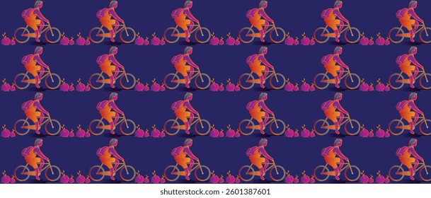 bicycle riding in garden, block printing saree pattern, unqork vector, illustration
