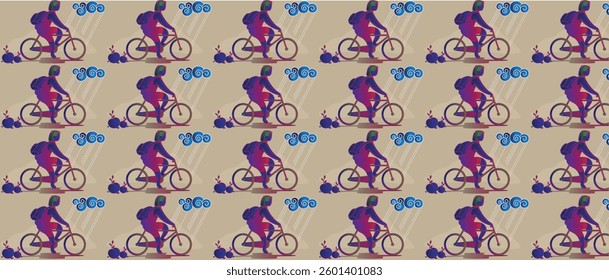 bicycle riding in garden, rain cloud,block printing saree pattern, unqork vector, illustration