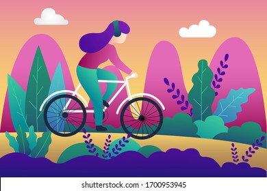 Bicycle riding girl or woman. Park, forest, trees and hills on background. Banner, site, poster template.