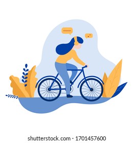 Bicycle riding girl or woman. Park, forest, trees and hills on background.  