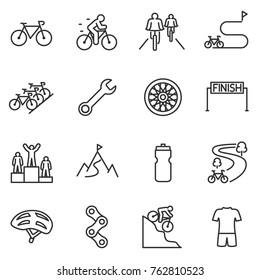 Bicycle riding icon set. cycling linear design. Bike and attributes. Line with editable stroke