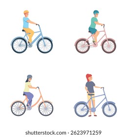 Bicicleta de equitação ícones definir desenho animado vetor. Pessoas andando de bicicleta. Esporte de bicicleta, hobby