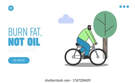 Bicycle riding landing page design with cartoon man bicycling Healthy lifestyle concept. Guy cycling for fitness and exercises. Template flat vector illustration