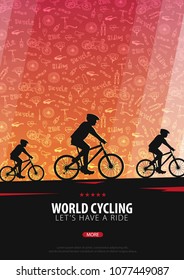 Bicycle riding poster with doodle background. Sport, active lifestyle. Vector illustration