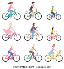 Bicycle riding set. People of different gender and age riding on various types bicycles. Active family vacation. Isolated vector illustration