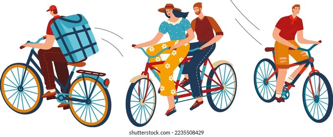 Bicycle riding together, people ride bicycle, young healthy happy exercise, isolated on white, flat style vector illustration. Leisure fun, lifestyle character transportation, outdoor travel fast