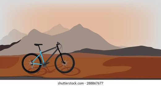 Bicycle riding in wild mountain nature landscape, background vector illustration. Sunset time