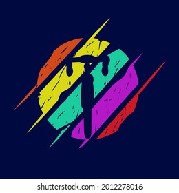 Bicycle road bike line art logo. Colorful design with dark background. Abstract vector illustration. Isolated navy background for t-shirt, poster, clothing, merch, apparel. 