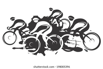 Bicycle road racing. Black vector illustration of cycling race with four bike riders on the white background. Imitating hand ink drawing. 