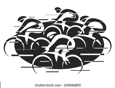  Bicycle Road Racing. Black Vector Illustration Of Cycling Race With Four Bike Riders On The White Background. Imitating Hand Ink Drawing. 