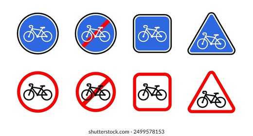 Bicycle road sign icon set. Bike path vector symbol collection. Red prohibited bicycle warning illustration. Street traffic regulation pictogram. Crossed caution road sign with bicycle isolated.