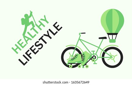 Bicycle, rollers and balloon for sport. Concept heathy lifestyle with a climber on text