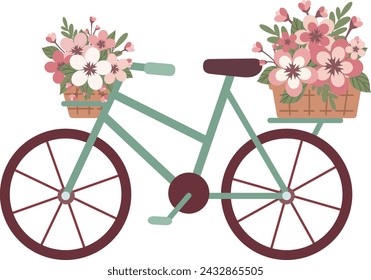 Bicicleta con flores de sakura. Cestas con ramas de cerezo. Aislado sobre fondo blanco. Para el diseño de primavera. Estilo plano