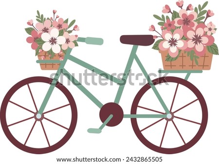 Bicycle with sakura flowers. Baskets with cherry branches. Isolated on white background. For spring design. Flat style