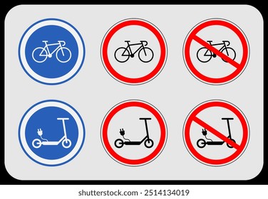 Bicicleta y scooter prohibidos y permitidos señales de seguridad en las calles. Conjunto de iconos de Vector editable.