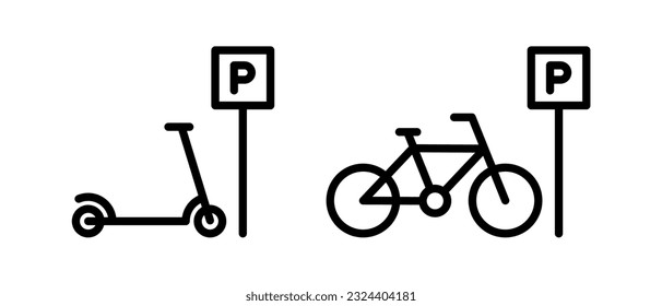 Bicycle scooter parking vector icons set. Parking sign with a bicycle and electric scooter