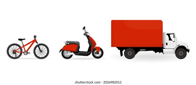 Motocicleta de bicicleta camioneta roja set. Ilustración vectorial.