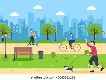 Bicycle and Scooter Vector Flat Illustration. People Riding it, Sports, outdoor recreational activities on Park Road or Highway are living a healthy lifestyle