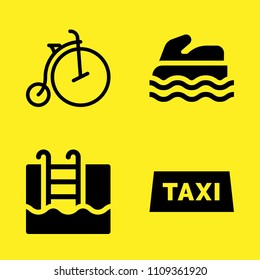 bicycle, sea scooter, taxi and swimming pool vector icon set. Sample icons set for web and graphic design