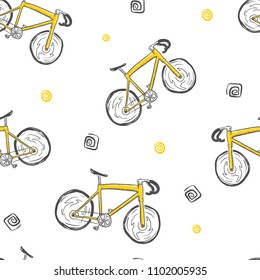 bicycle seamless doodle pattern, hand drawn vector.