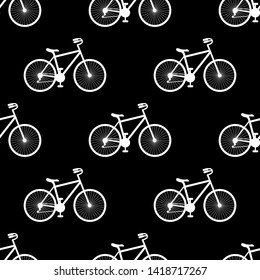 Bicycle seamless pattern background white silhouette on black background. Bike vector illustration