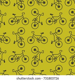 Bicycle Seamless Pattern on yellow background. Vector retro bike sign illustration. Cycle sport symbol for business card. 