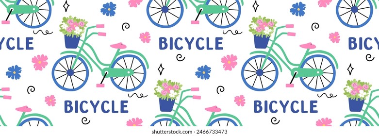 Patrón de bicicleta sin fisuras. Día Mundial de la Bicicleta 3 Junio Fondo con la bicicleta. Actividades y deportes de verano. Adecuado para el diseño textil, embalaje, Fondo de pantalla, scrapbooking. Ilustración plana de Vector.