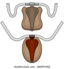 Bicycle Seat and Bike Handlebars on the wooden Shield